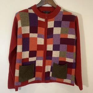 Sarah Spencer Womens Cardigan Sweater‎ Medium Red Patchwork Zip Up Cottagecore